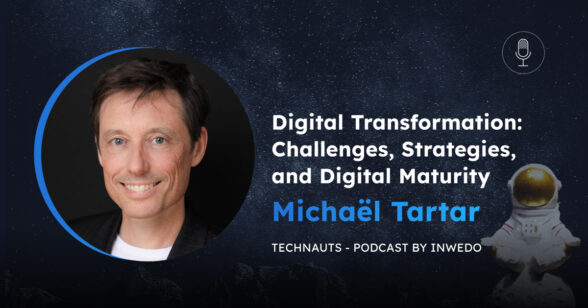 Graphic with the title of the Technauts podcast with a hoto of our guest